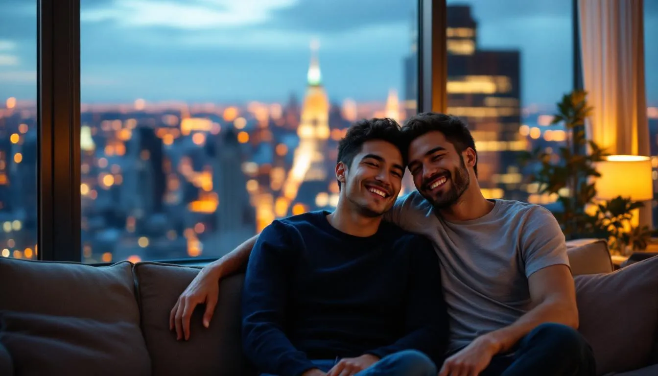 In the image, a happy gay couple sits closely together on a couch, sharing a moment of joy as they overlook the skyline of Midtown Manhattan. One man is Asian and the other Caucasian, highlighting their emotional connection and mutual understanding in their relationship.