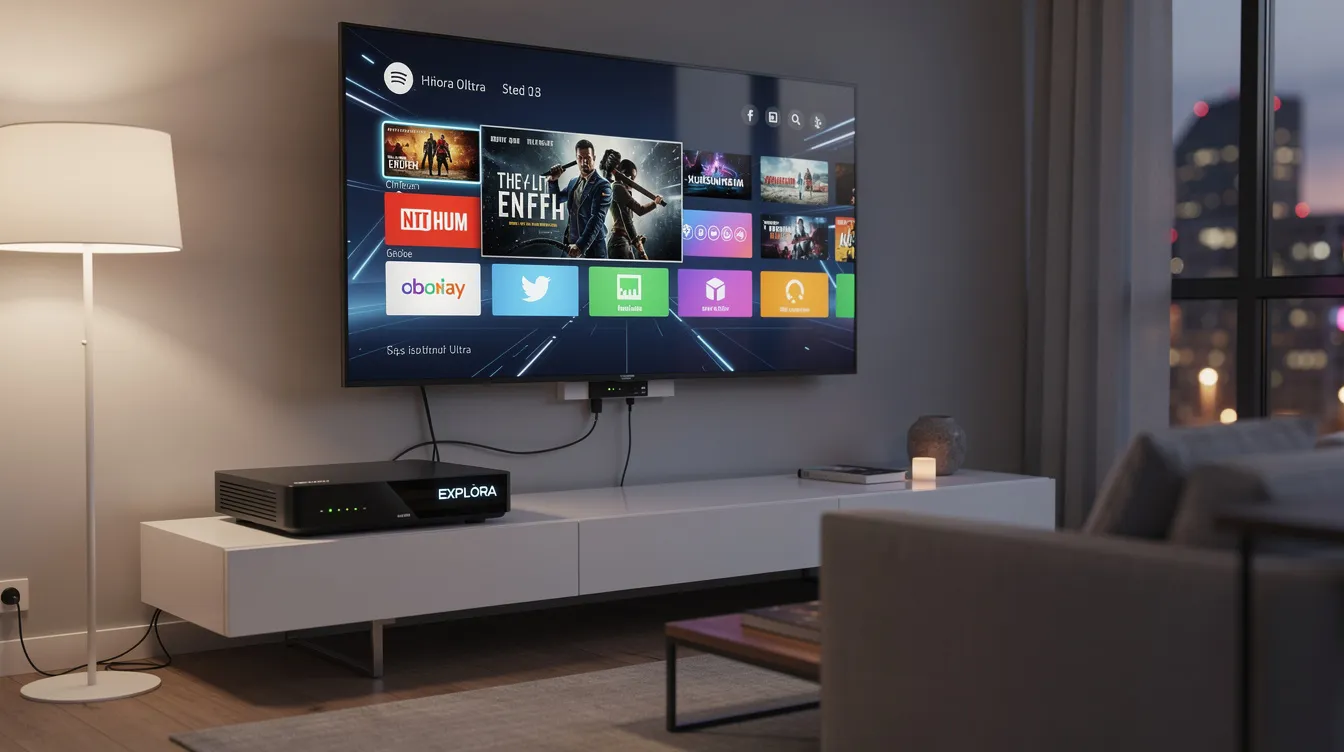 The image shows an Explora Ultra decoder connected to a flat-screen TV in a modern living room, highlighting the sleek design of the decoder and the TV setup. This setup is ideal for homeowners in South Africa looking for quality DSTV installation services and entertainment options.