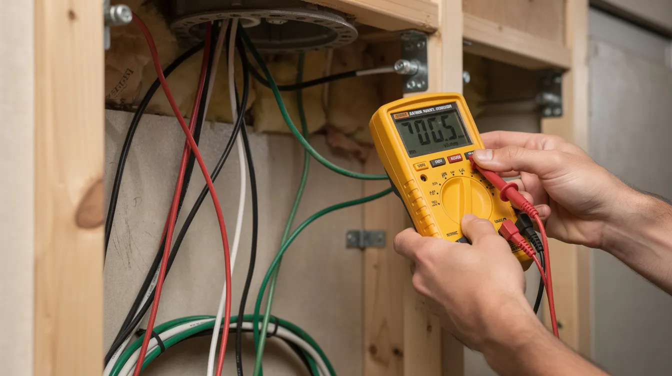 A pair of hands is using a yellow multimeter to test the voltage on exposed colored wires inside an RV wall panel, which is an essential step in troubleshooting RV thermostat and AC unit issues. The multimeter helps ensure that the system is working properly by checking the electrical connections necessary for heating and cooling functions.
