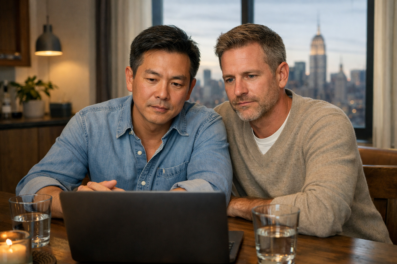 Professional gay couple in New York attending online couples therapy together on a laptop at their dining table.