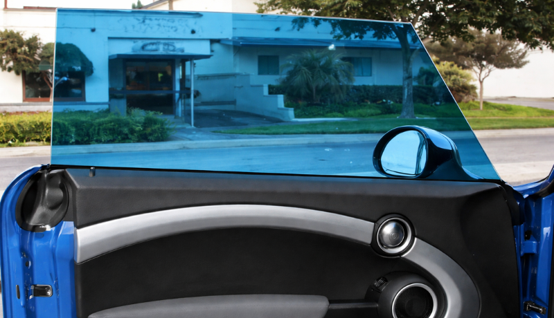 A picture showing inside and outside view of blue tint window