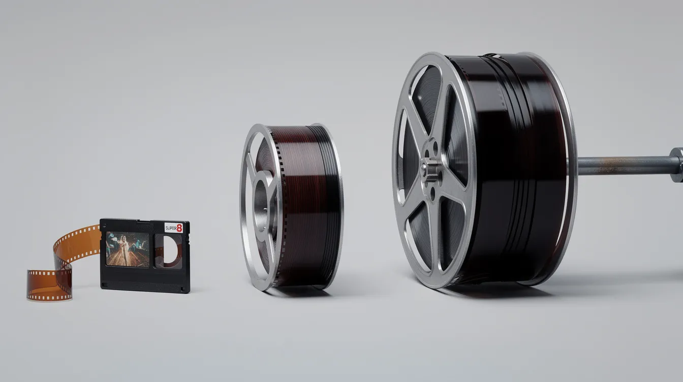 Das Bild zeigt drei verschiedene Filmformate nebeneinander: eine kleine offene Super-8-Kassette, eine mittlere 16mm-Filmspule mit Metallring und eine große 35mm-Kinofilmrolle auf einem Projektorarm. Diese Größenvergleiche verdeutlichen die Unterschiede zwischen den Filmformaten und deren Verwendung in der Filmproduktion.
