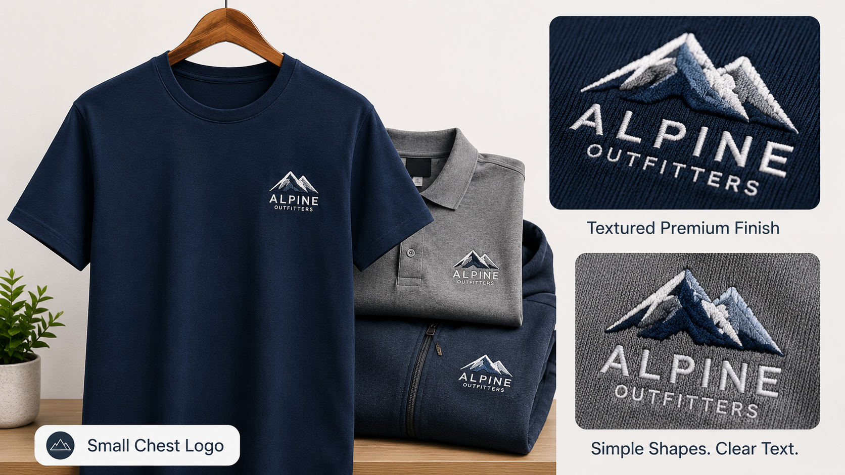 Embroidered chest logo on premium T-shirts, polos, and hoodies for corporate apparel
