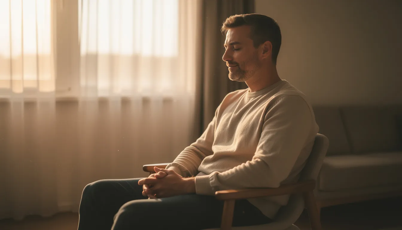 The image depicts a man sitting quietly in the early morning light, with his hands loosely folded and a peaceful expression on his face, embodying a moment of prayer and reflection, perhaps seeking guidance from the Lord Jesus Christ for his wife's heart and their marriage. This serene scene emphasizes the importance of honoring God and embracing faith in daily life.