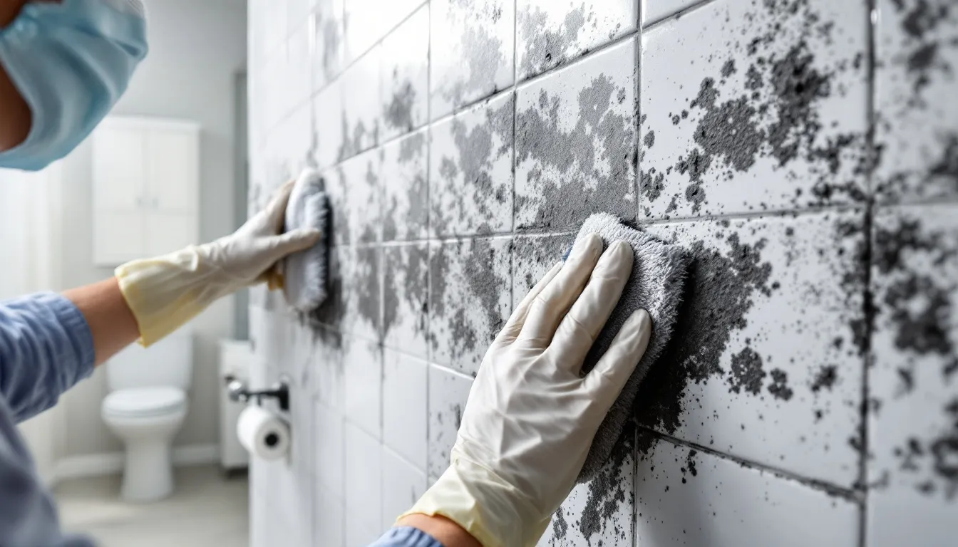The image depicts a person wearing rubber gloves and using a spray bottle to clean a mouldy area on a wall, highlighting the process of effective mould removal. Visible mould growth, including black mould, can be seen on the porous surface, emphasizing the importance of addressing mould problems to prevent health issues such as allergic reactions and respiratory conditions.