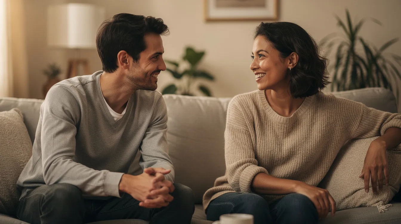 Recognizing Non Verbal Cues for Consent: Reading Body Language Safely 4 - Consent Culture The image depicts two people facing each other in a cozy environment, both smiling gently with relaxed and open body language, suggesting mutual understanding and nonverbal consent. Their comfortable posture and eye contact indicate a positive and respectful interaction, emphasizing the importance of communication and recognizing nonverbal cues in building consent.