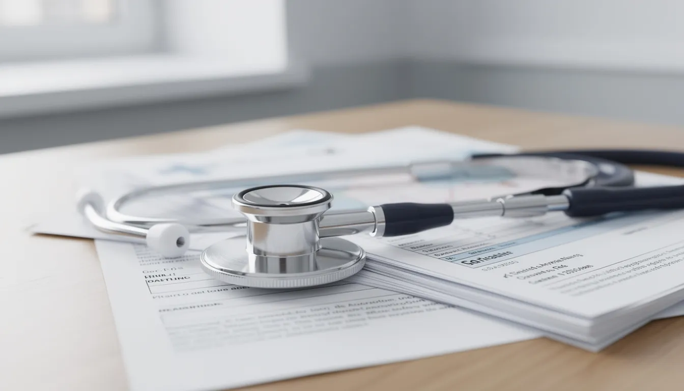 A stethoscope is placed on top of medical documents on a desk, symbolizing the connection between healthcare professionals and medical malpractice claims. This image reflects the importance of accurate medical records and the potential consequences of medical negligence.