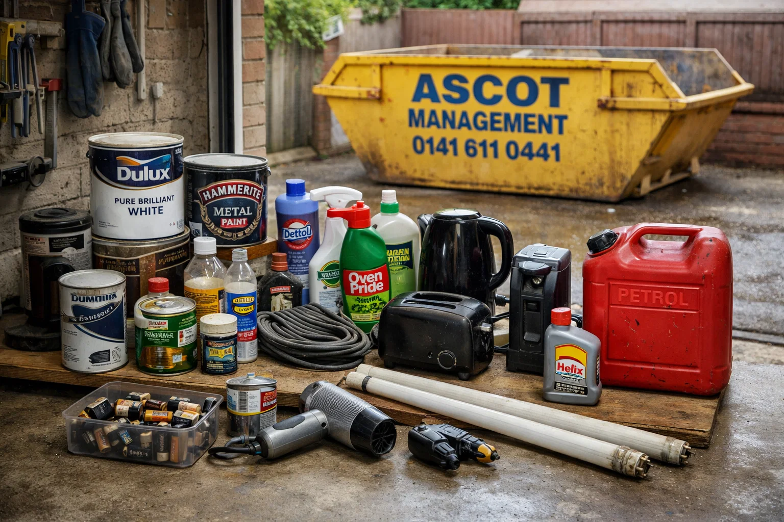 Common hazardous household items including paint, chemicals and electrical appliances in a Glasgow garage.