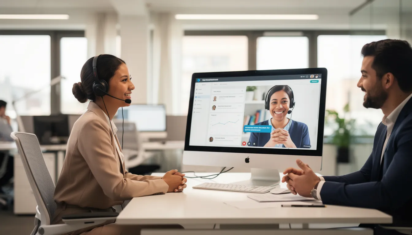 Kuvassa asiakaspalvelun edustaja keskustelee ystävällisesti asiakkaan kanssa, luoden positiivisen asiakaskokemuksen. Tämä vuorovaikutus voi auttaa parantamaan yrityksen net promoter scorea (NPS) ja keräämään arvokasta tietoa asiakkaiden mielipiteistä.