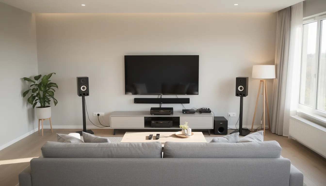 The image depicts a modern living room featuring a sleek wall-mounted TV connected to a sophisticated entertainment system, creating a stylish and inviting space for relaxation and entertainment. This setup highlights the importance of professional DSTV installation services for optimal viewing experiences, ensuring crystal clear picture quality and reliable reception.