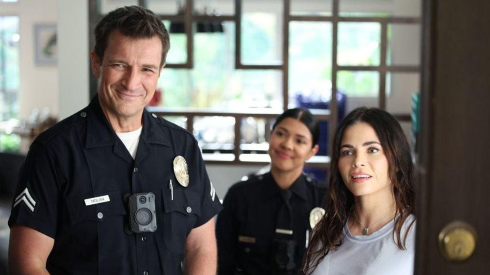 Nathan Fillion as John Nolan and Jenna Dewan as Bailey Nune in Rookie Season 6