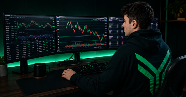 A trader in a dark hoodie sits at a desk viewing three monitors displaying live trading charts and market data, in a room lit by green ambient lighting, with a coffee mug and keyboard on the desk