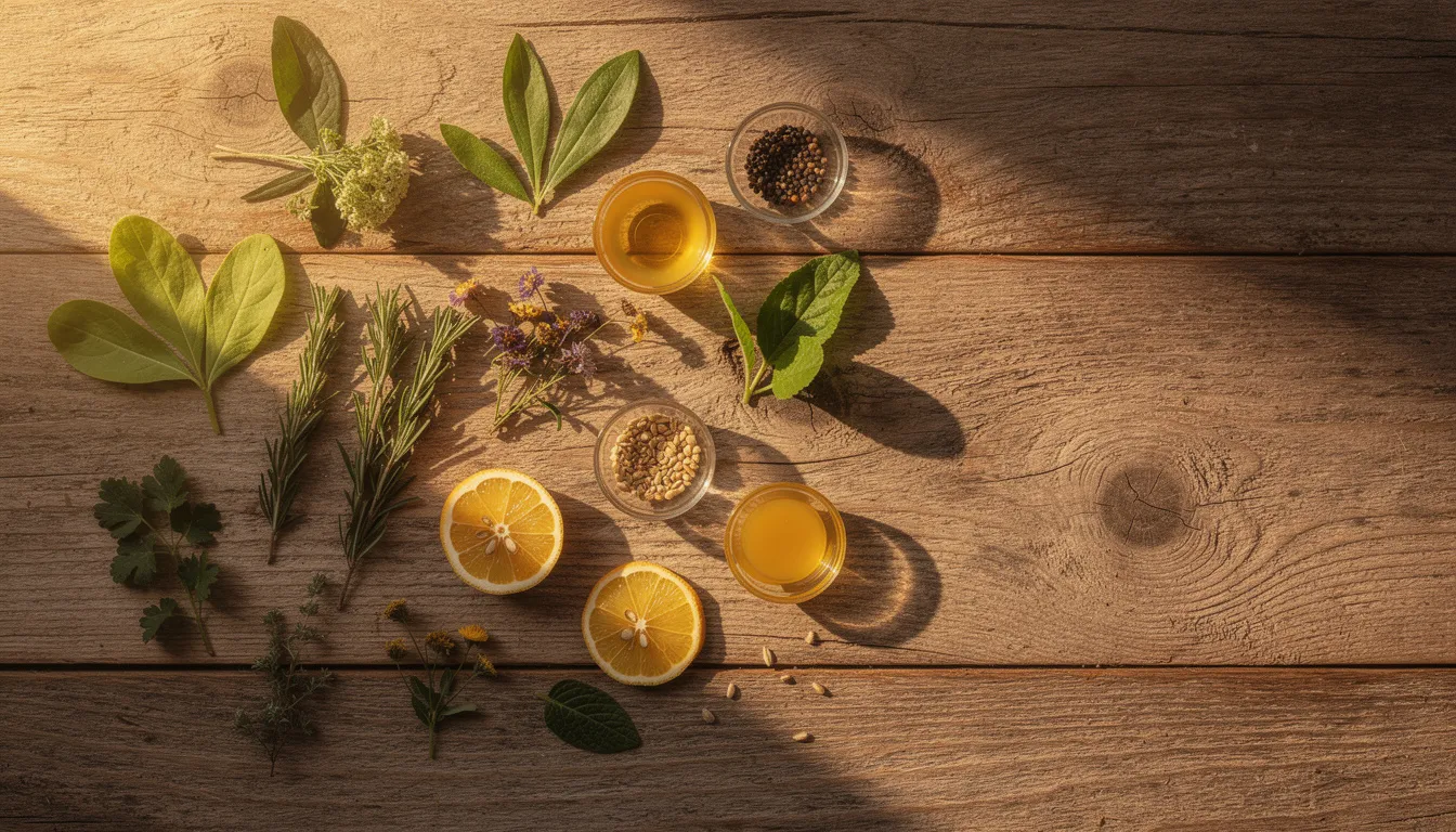 An array of botanical ingredients, including vibrant plant extracts and natural oils, is beautifully arranged on a wooden surface, illuminated by soft morning light. This composition highlights the essence of natural skincare products, ideal for enhancing skin texture and supporting a healthy skin barrier.