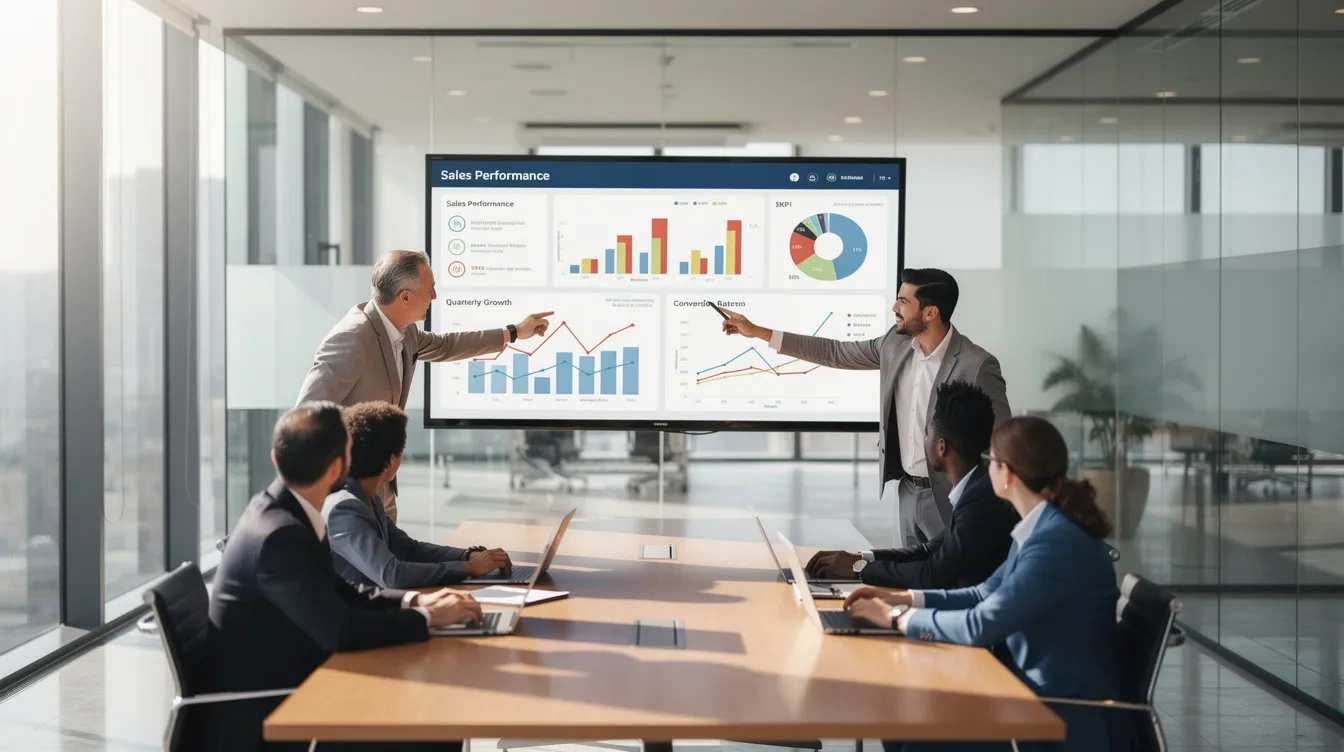 A group of sales team members is gathered around a large screen, reviewing an analytics dashboard that displays key metrics related to their sales performance and customer data. This collaborative environment emphasizes the importance of data-driven decisions in the sales process, ensuring that sales professionals and marketing teams are on the same page to improve their overall sales efforts.