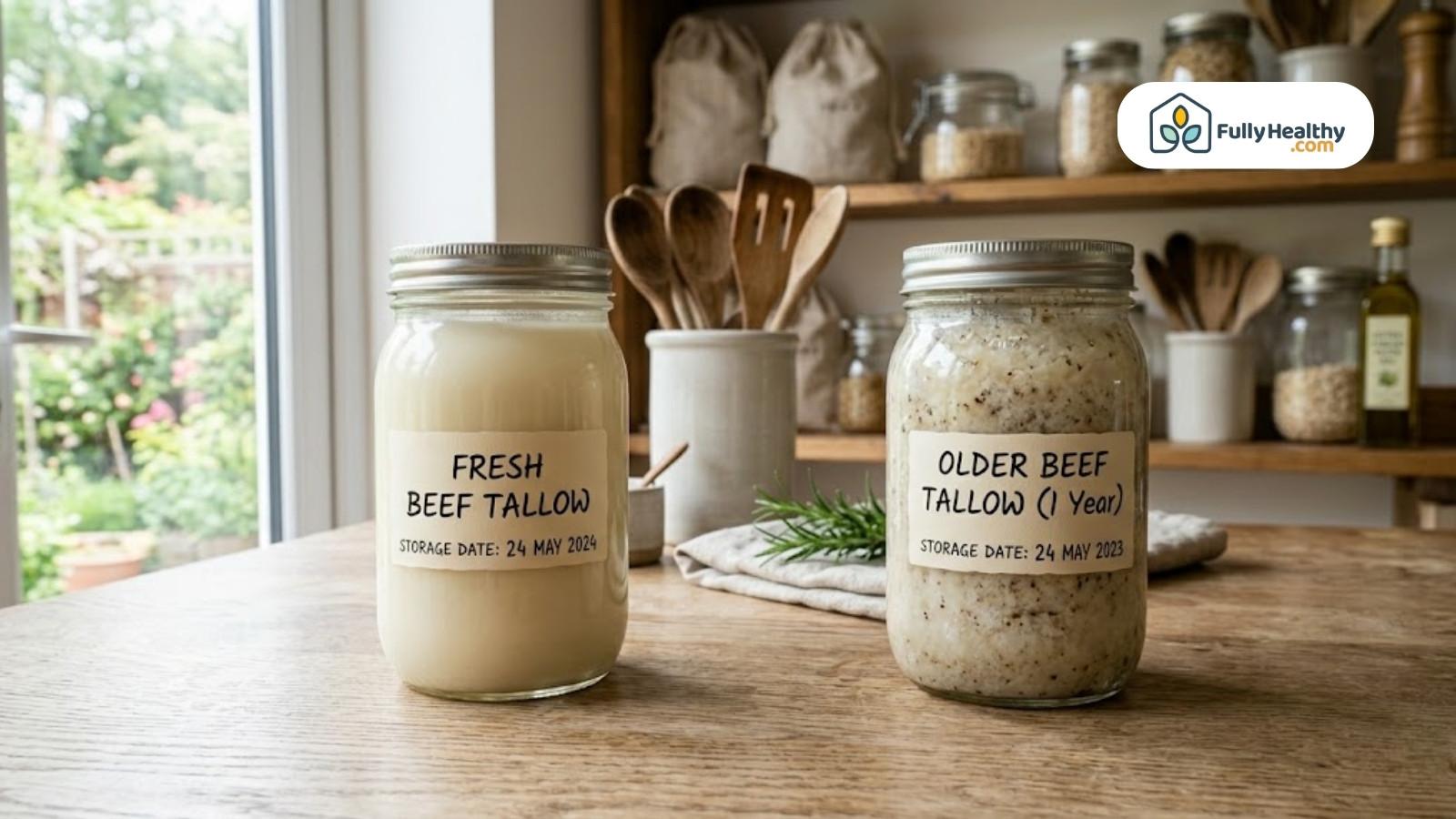 Fresh and aged beef tallow jars showing texture and storage comparison