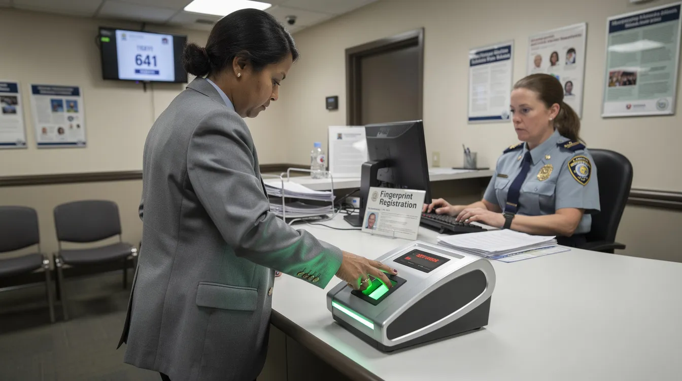An individual is providing their fingerprints at a government service counter, part of the visa application process. This step is essential for applicants seeking a UK visa, ensuring their identity is verified as they prepare to submit their application online.