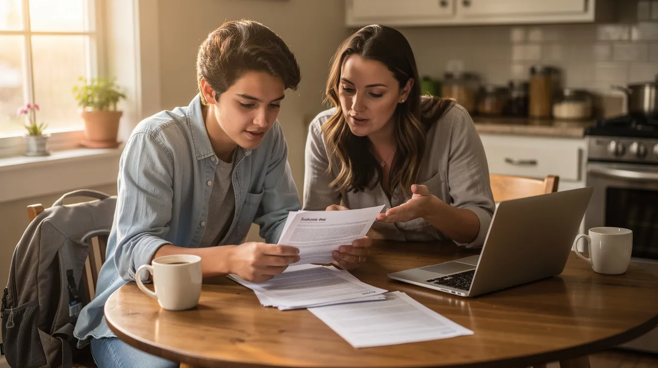 A parent and their college-age child are seated at a kitchen table, reviewing documents together with a laptop open, likely discussing important topics such as insurance coverage for the upcoming school year. The scene reflects the preparations families make during back to school season, including checking off items from a school insurance checklist.