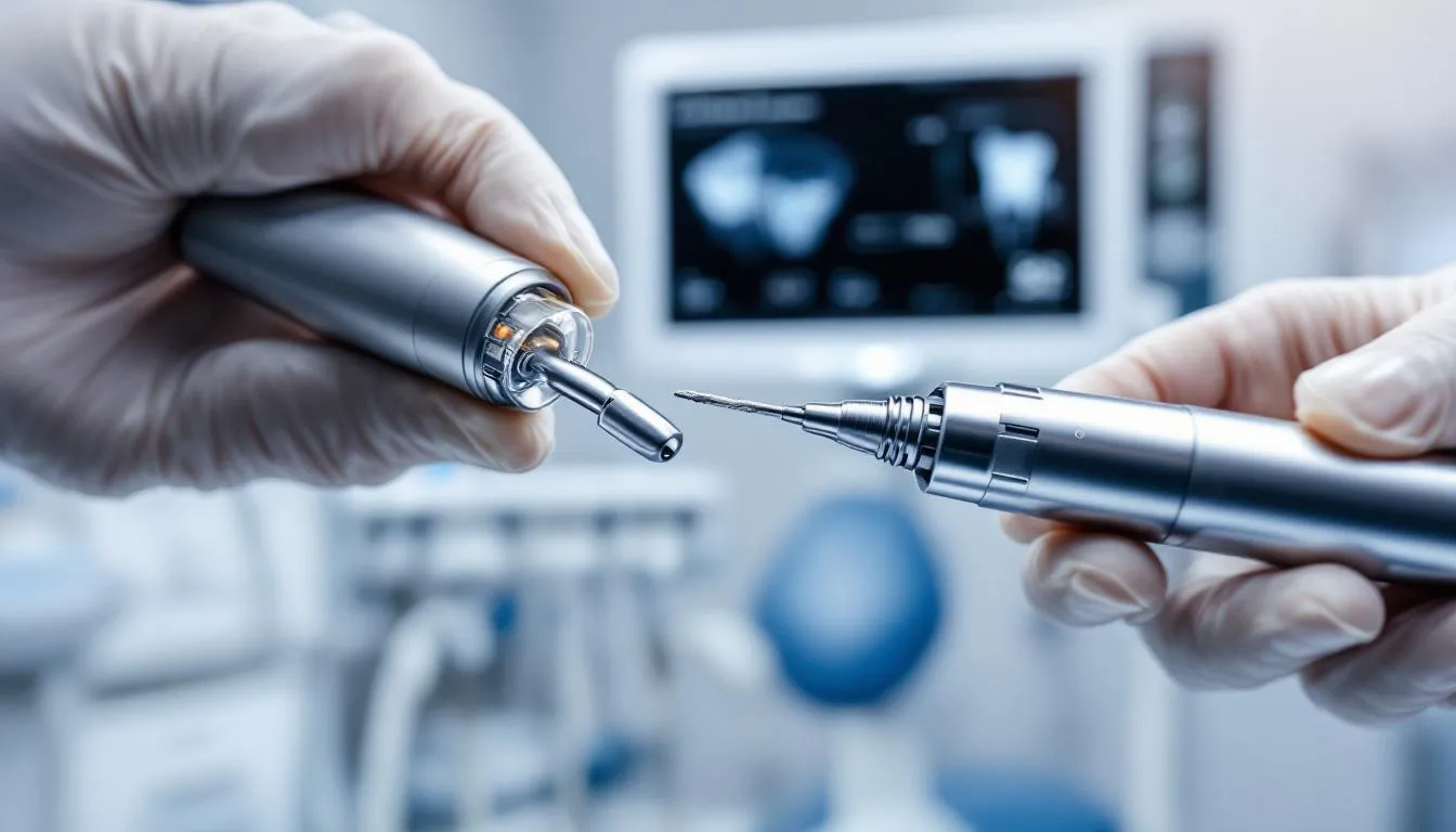The image depicts a modern dental handpiece in clinical use, showcasing its precision engineering and performance. It highlights the intricate design and functionality of high-speed handpieces, emphasizing their efficiency and control in patient care procedures.
