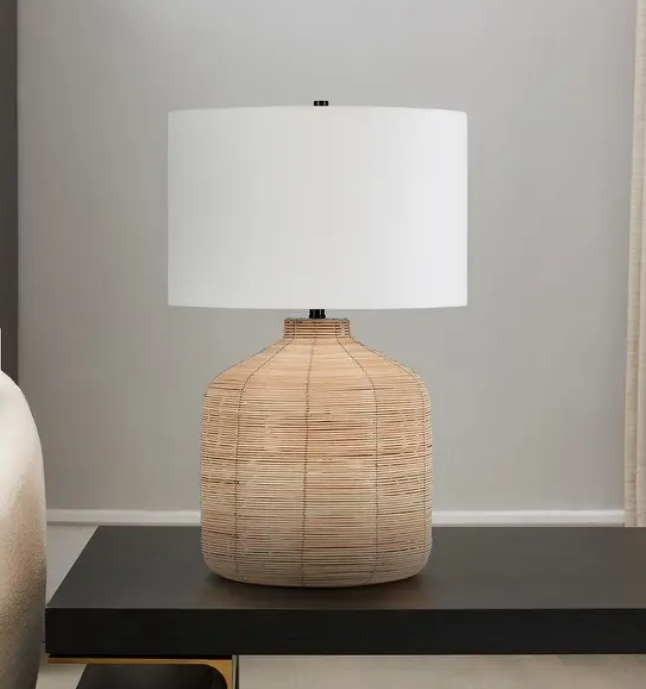 oversized woven rattan table lamp with linen shade