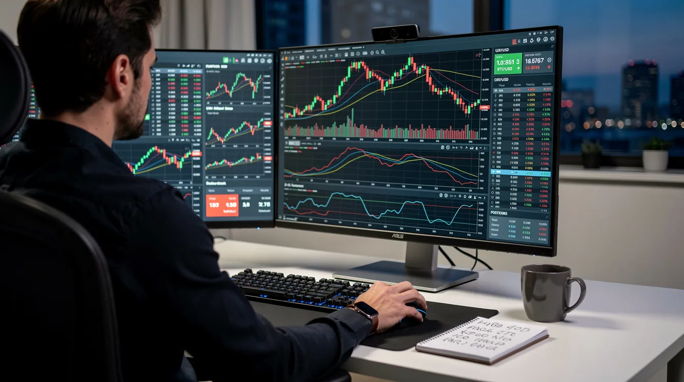 A person is seen configuring trading software on their computer screen, focusing on automated trading bots designed for the cryptocurrency market. The setup involves analyzing market data and price movements to enhance trading strategies and improve performance in a rapidly changing financial landscape.