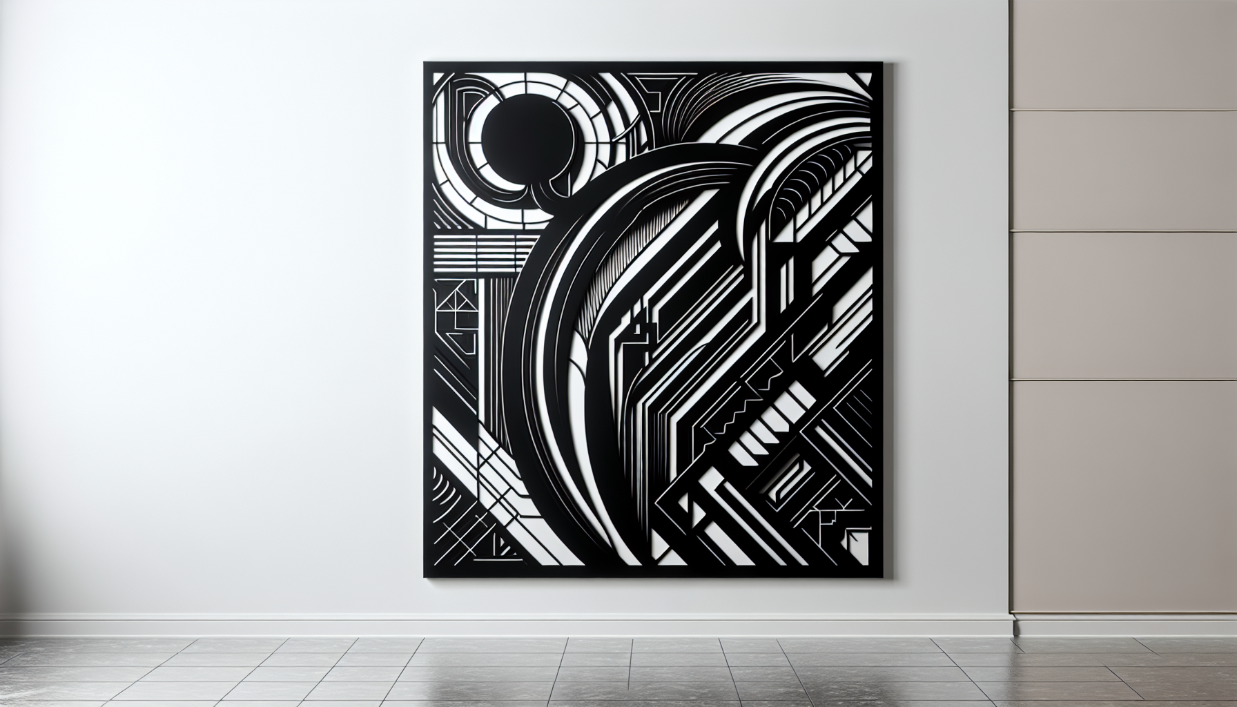 Abstract black wall art with geometric patterns and bold contrasts