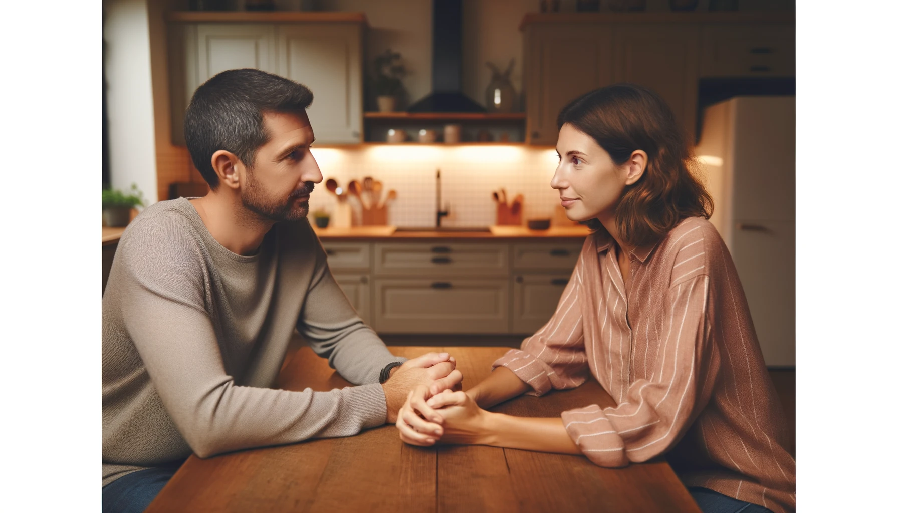 A couple sitting at a kitchen table, engaging in a calm and respectful conversation to resolve a conflict.