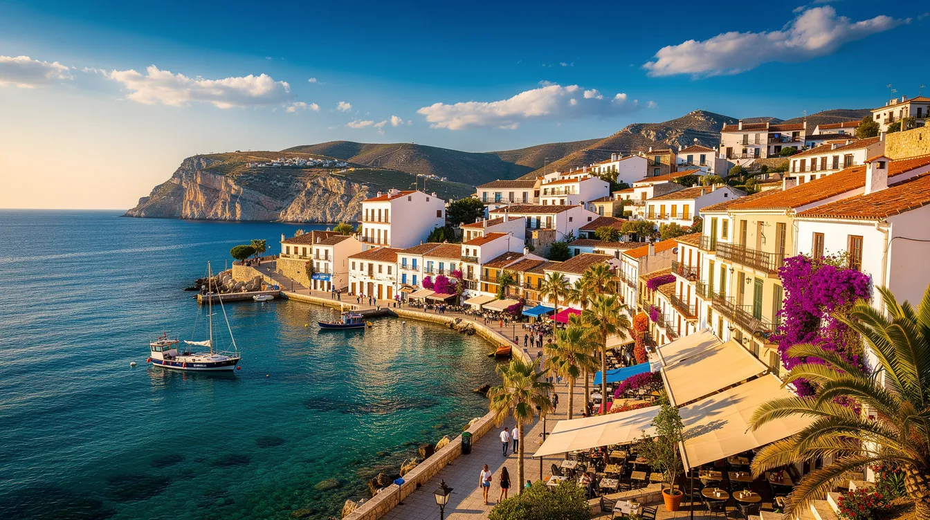 The image depicts a vibrant Spanish coastal city characterized by Mediterranean architecture and stunning blue waters, inviting travelers to embark on a Spanish adventure. This picturesque scene highlights the charm of the location, perfect for tourists planning their trips and considering necessary documents like a visa application form for entry into Spain.
