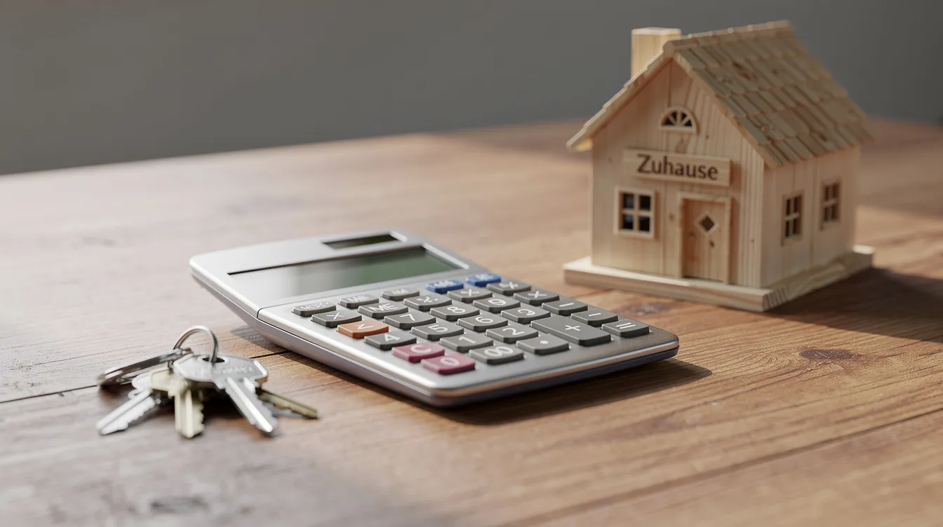 Auf dem Tisch liegen ein Taschenrechner, ein Schlüsselbund und ein kleines Holzhausmodell. Diese Gegenstände könnten im Zusammenhang mit dem Immobilienkauf stehen, wobei der Taschenrechner möglicherweise für die Berechnung der Grunderwerbsteuer genutzt wird.