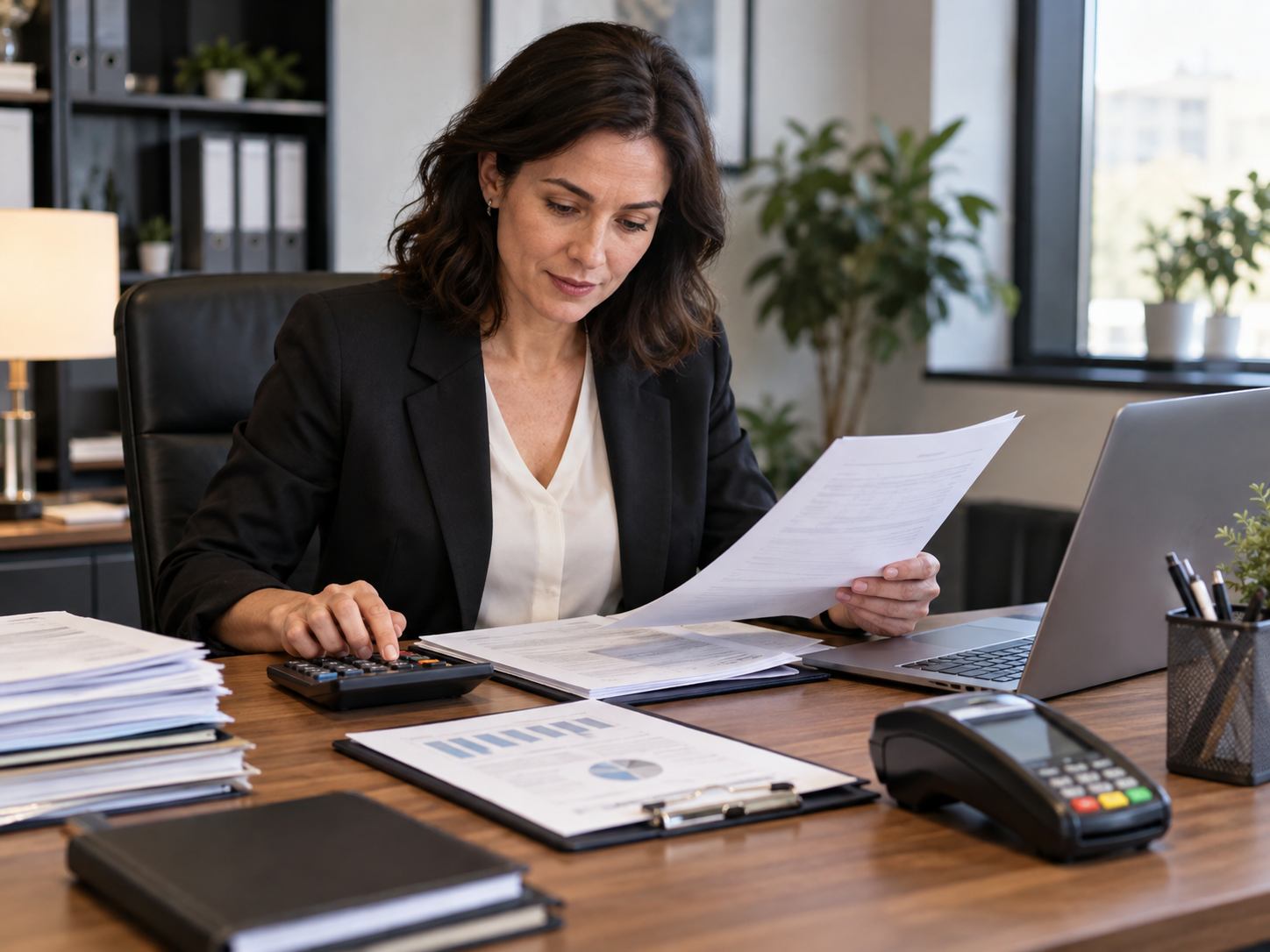 Business professional reviewing merchant account documents with a calculator, laptop, and card terminal on an office desk.