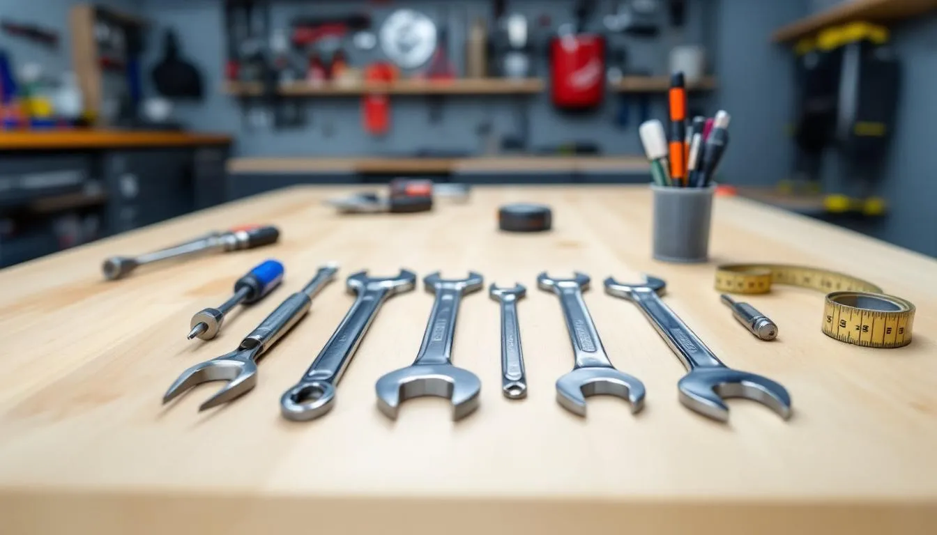 A clean garage workbench is neatly organized with various mechanic's tools, including wrenches, screwdrivers, and a measuring tape, ready for tasks like roof rack installation or other vehicle maintenance. The setup emphasizes attention to detail, ensuring the right tools are at hand for secure and efficient work.