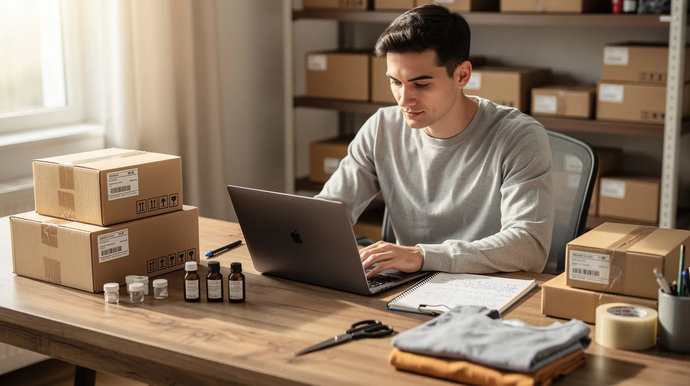 A person is focused on their laptop at a desk cluttered with shipping boxes and product samples, illustrating the dynamic environment of a reverse dropshipping business. This setup highlights the importance of reliable suppliers and high-quality products in optimizing customer satisfaction and building a successful online store.