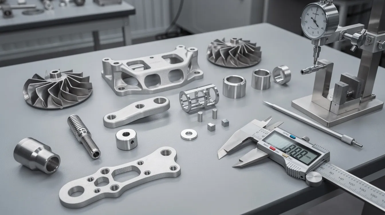 The image features precision machined aerospace and medical components displayed on a measurement table, showcasing various complex geometries and surface finishes. These components highlight the intricate work done through CNC technology and computer-aided manufacturing processes, essential in both the aerospace and medical device manufacturing industries.