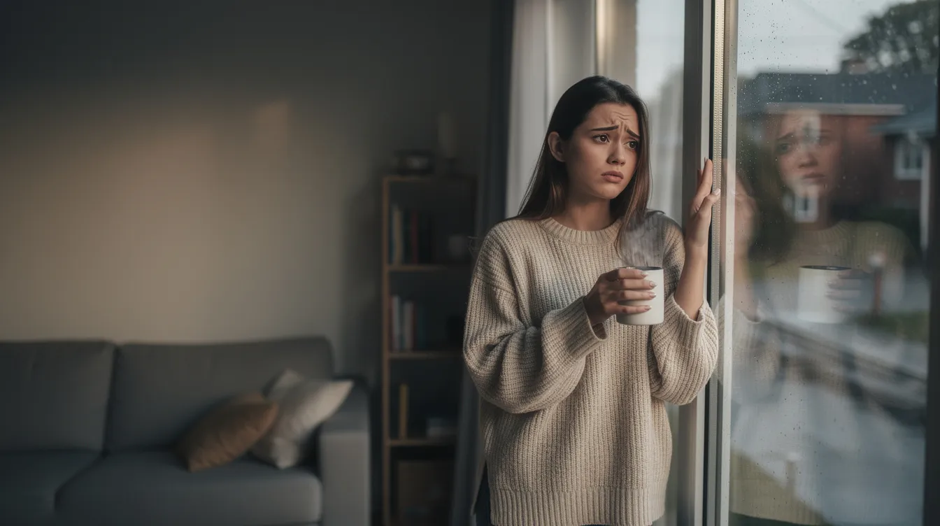 A woman stands by a window in her home, lost in thought as she reflects on her past relationship with her ex-partner. Her expression reveals a mix of sadness and contemplation, suggesting she is grappling with negative emotions and unwanted thoughts about the breakup while trying to navigate her present life.