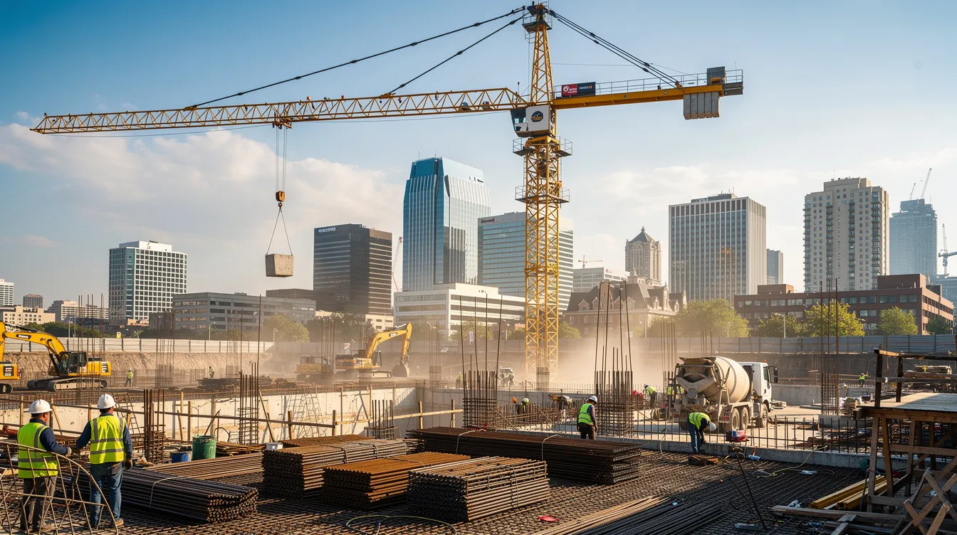 A tower crane is seen operating above a bustling urban construction site, with a vibrant city skyline in the background. This scene highlights the importance of proper crane operator training and certification for ensuring safety and efficiency in construction projects.