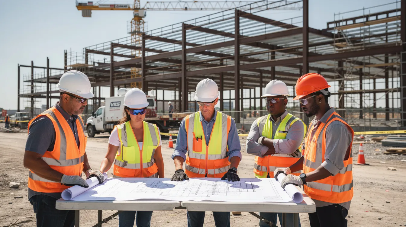 A group of construction workers is gathered at a large commercial job site in Texas, reviewing blueprints with steel framing structures visible in the background. This scene reflects the high demand for skilled trades in the construction industry, particularly in areas like San Antonio and Austin, as they plan for future projects in semiconductor manufacturing and data center facilities.