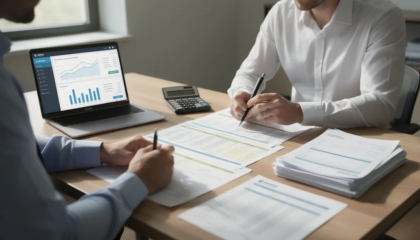 A person is seated at a desk, diligently analyzing financial documents and calculations related to real estate investments, including renovation costs and comparable sales. The scene reflects the meticulous nature of project management in the house flipping business, as they assess property values to determine profitable deals in the local real estate market.