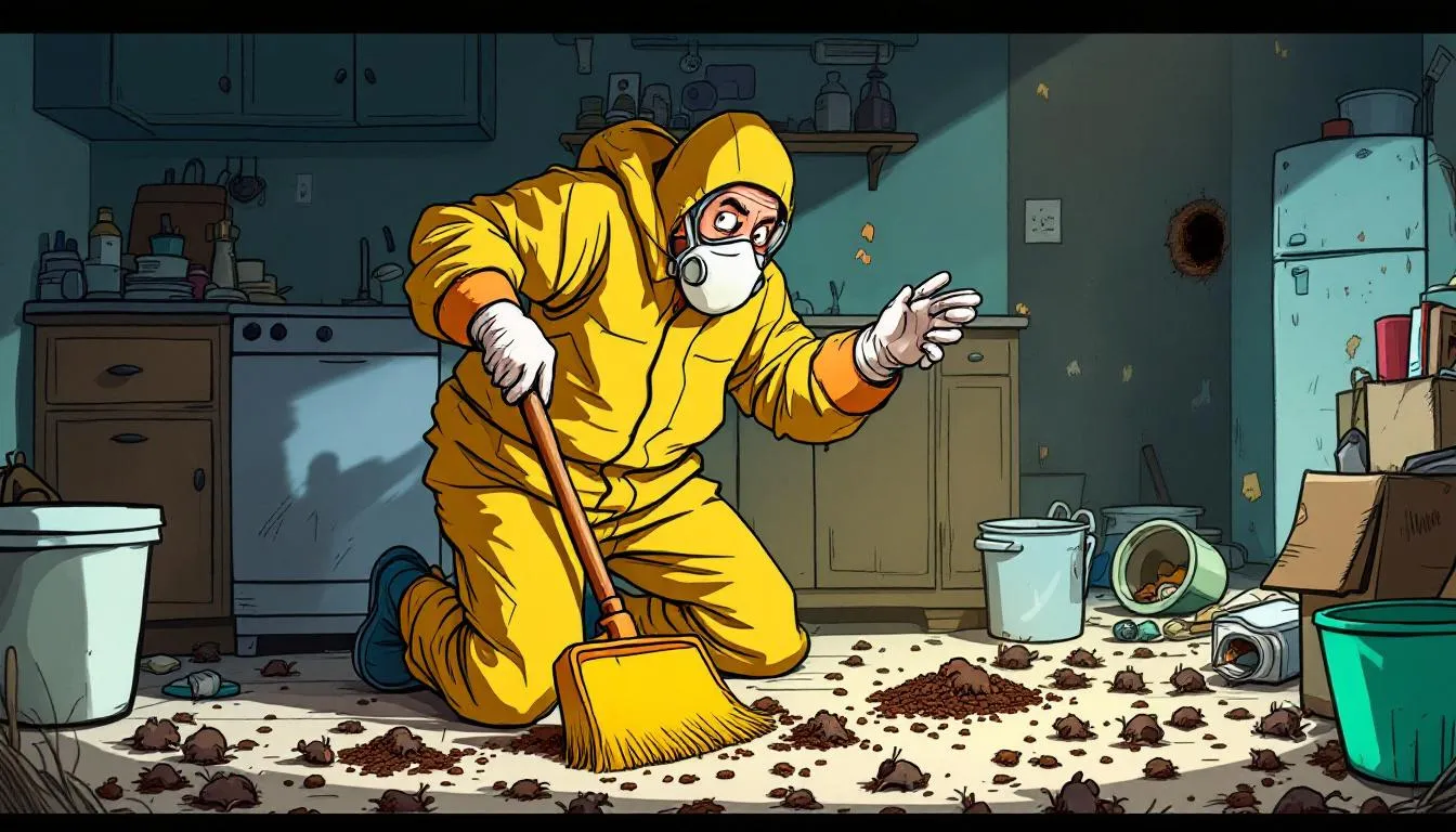 A person wearing protective gear while cleaning rat droppings, demonstrating how to safely remove them.