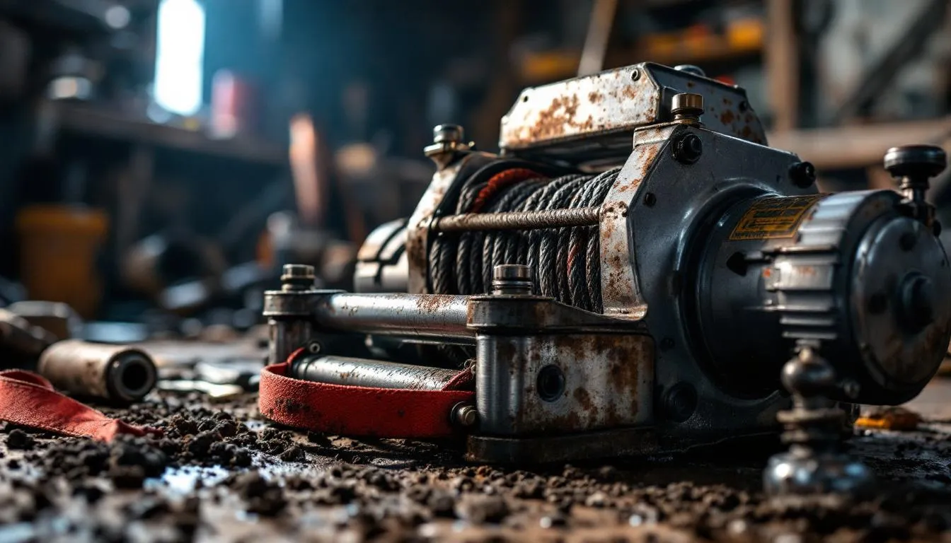 A close-up of a hydraulic winch showcasing its features.