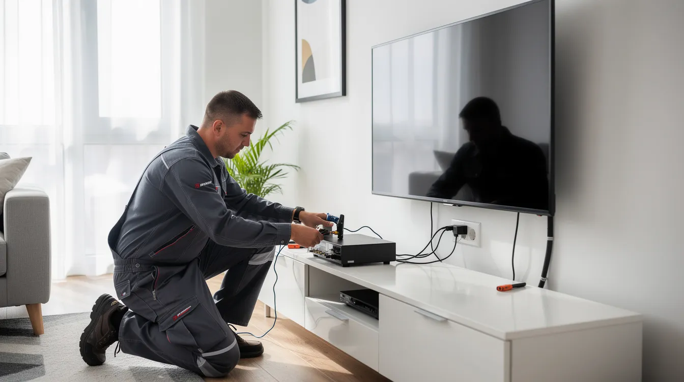 A professional technician is installing a DSTV Explora decoder in a modern living room, surrounded by sleek furniture and a large television. The technician is connecting the smart LNB to ensure optimal functionality and access to HD channels through the satellite service.