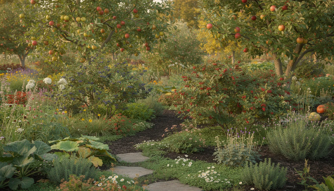 The image depicts a vibrant food forest garden, featuring a variety of fruit trees, shrubs, and diverse herbaceous plants, including perennial vegetables and edible flowers, all growing harmoniously together. This lush landscape showcases layers of greenery with young leaves and flower buds, creating an inviting space for beneficial insects and providing a sustainable source of perennial edibles.