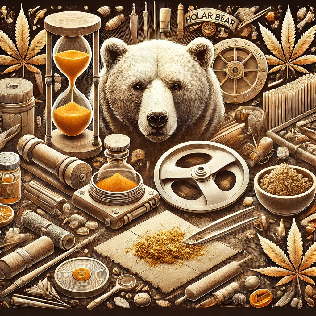 Artistic representation of the history of Polar Bear Hash with traditional and modern elements.