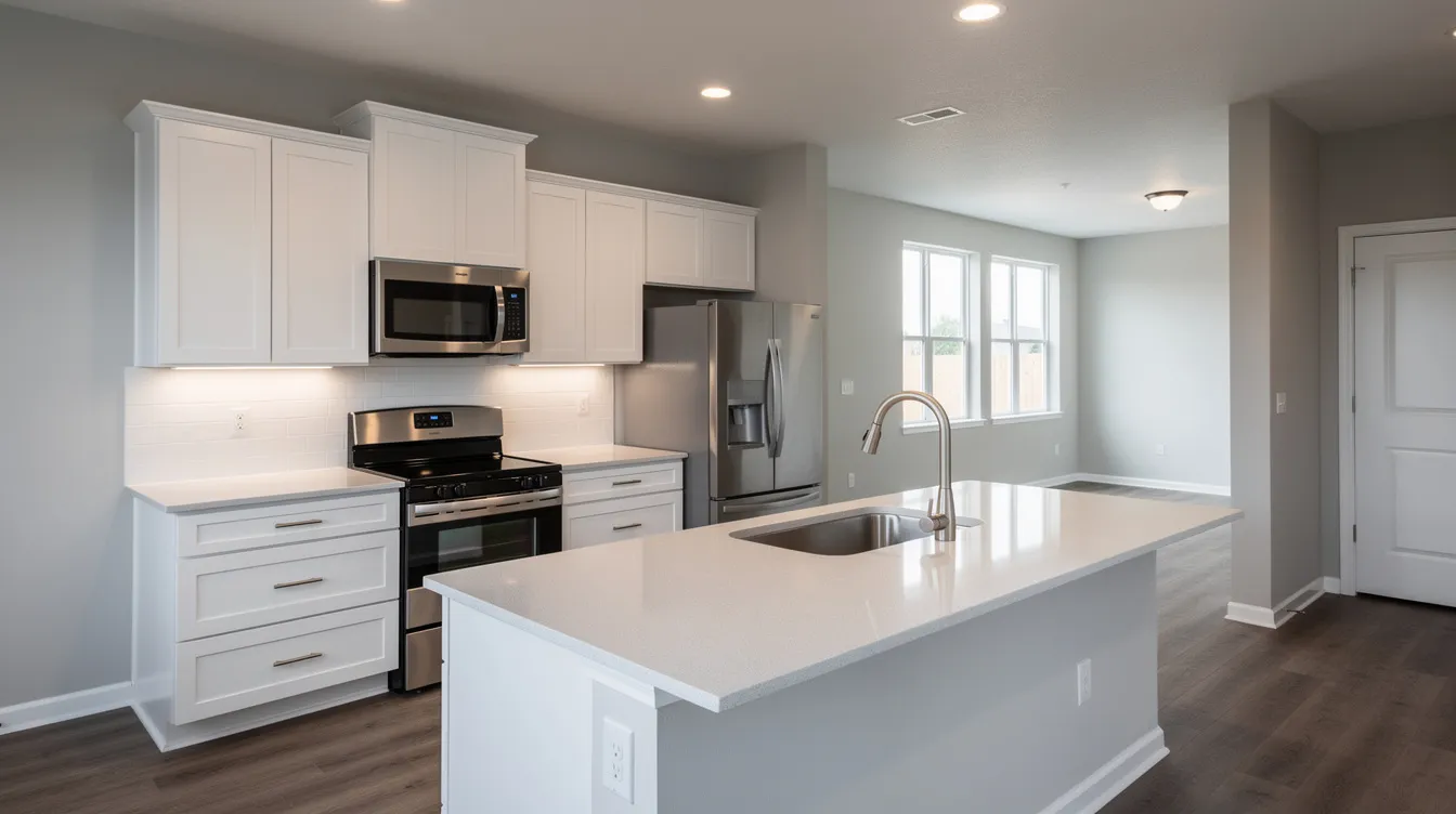 The image depicts a freshly renovated modern kitchen interior in a rental property, featuring sleek new appliances and elegant countertops, perfect for attracting potential tenants and enhancing rental income. This stylish space highlights the value of investing in real estate and the importance of maintaining significant equity for future home equity loans or cash out refinance options.