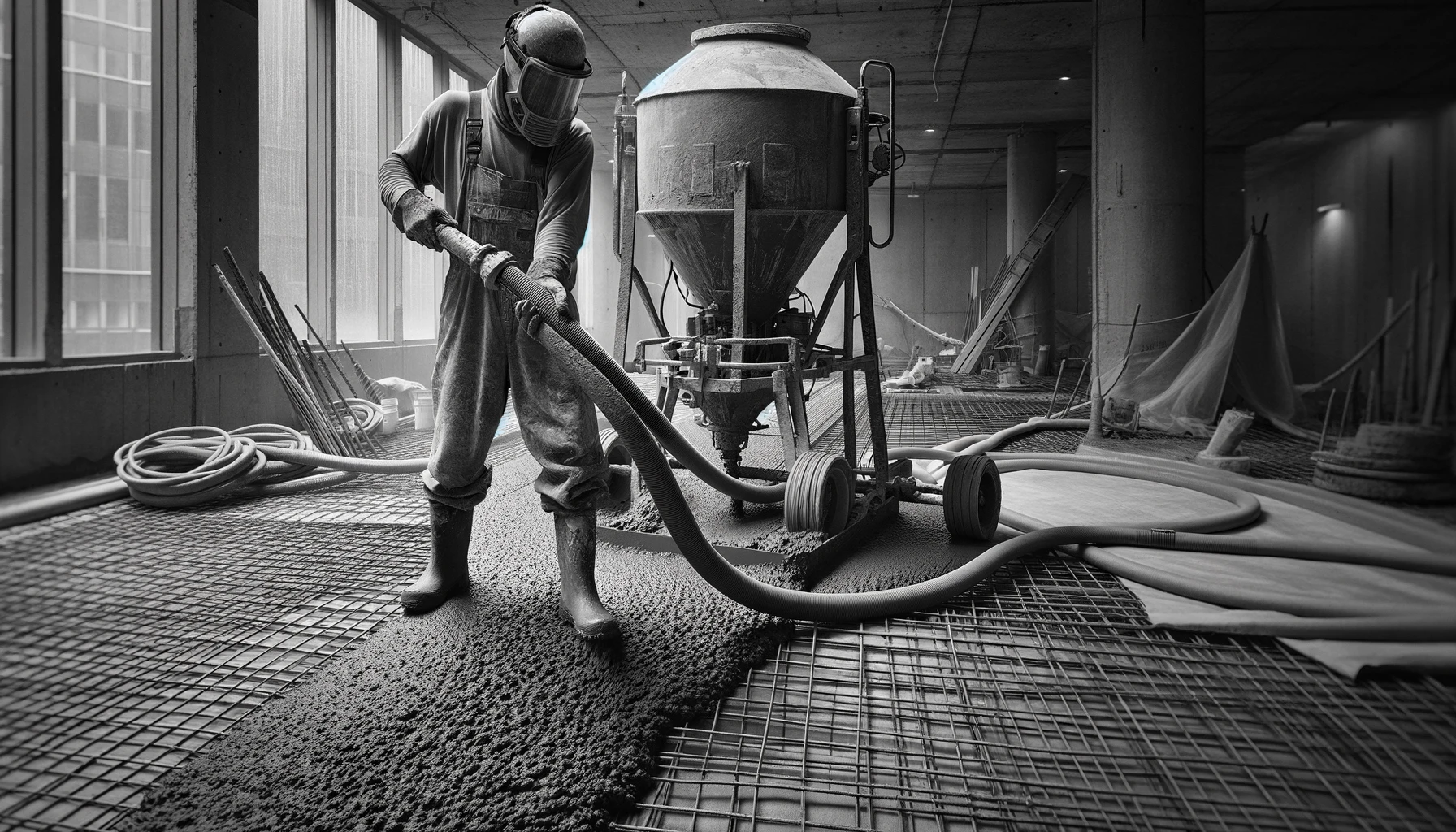 Ein Bauarbeiter verteilt in Schutzkleidung mit einem Mörtelschlauch selbstverlaufenden Beton auf einem Boden, Schwarz-Weiß-Aufnahme