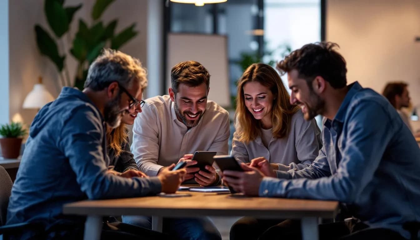 Auf dem Bild sind Menschen zu sehen, die virtuelle Touren auf verschiedenen Geräten wie Smartphones und Laptops betrachten. Diese 360 Grad Rundgänge bieten Einblicke in Museen und Unternehmen und ermöglichen eine interaktive Entdeckungstour durch verschiedene Räume und Werke.