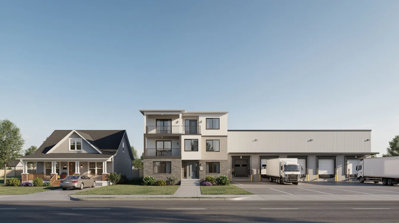 The image depicts a variety of building types, including a single-family home, a small apartment building, and a commercial warehouse, arranged side by side. This visual representation highlights different property types that can serve as collateral for loans, such as home equity loans, which may offer favorable loan terms for borrowers.