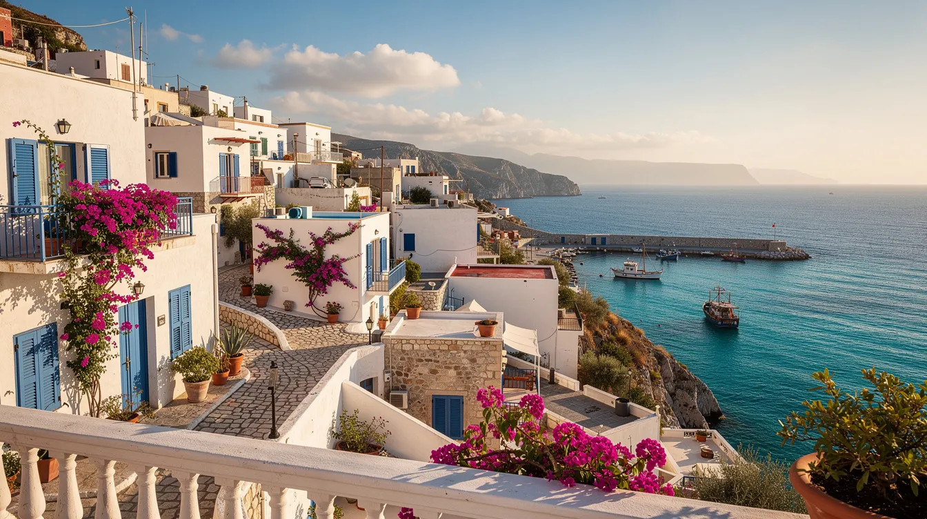 A picturesque Mediterranean coastal town features charming white buildings that overlook the sparkling blue sea, embodying the allure of Cyprus. This scenic view is ideal for UK nationals considering a move to Cyprus, where they can explore options for residence permits and enjoy affordable living costs.