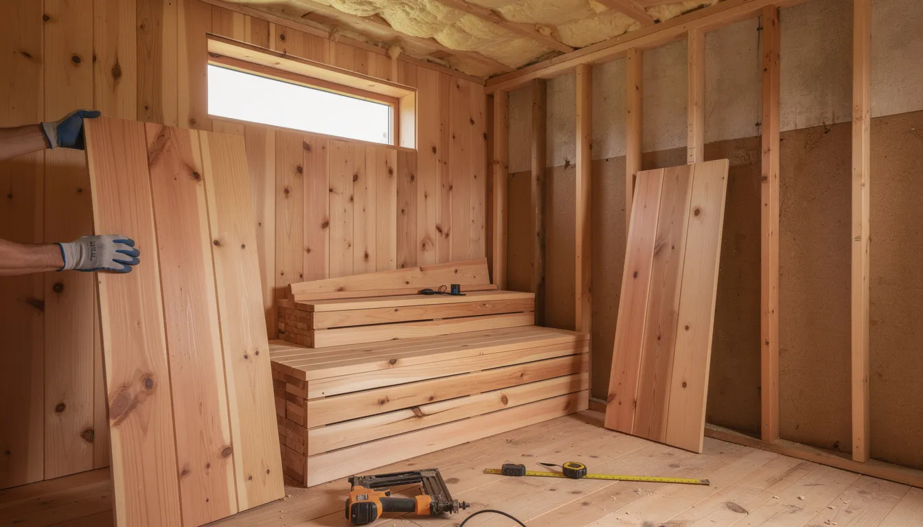 The image shows cedar wood wall paneling being installed in a small sauna room under construction, highlighting the cozy and natural aesthetic typical of traditional Finnish saunas. The installation process emphasizes the importance of high-quality wood for creating a warm and inviting sauna experience.