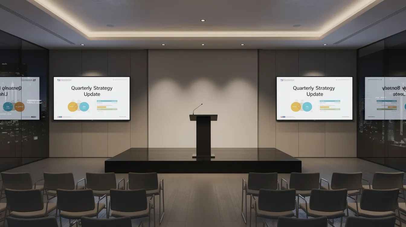 The image depicts a conference room featuring two medium LED screens positioned on either side of a center stage, showcasing vibrant presentation content. This setup highlights the use of high-quality visuals to engage the audience during corporate events, ensuring a strong visual impact and seamless integration for event planners.