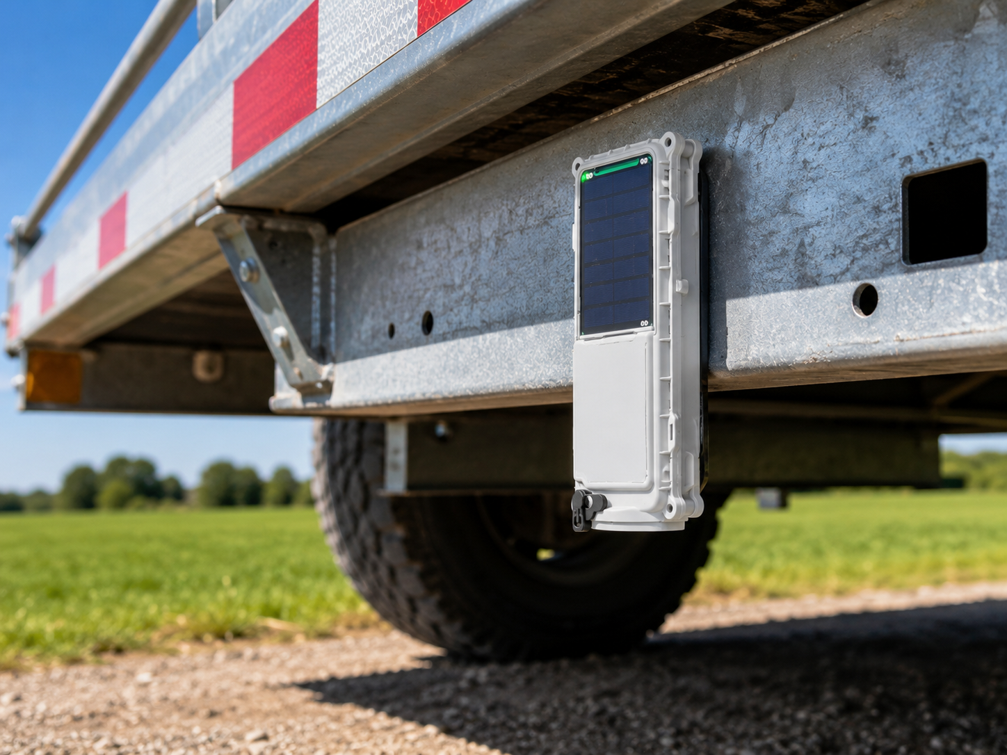Solar-powered GPS tracker mounted under farm trailer frame for agricultural equipment tracking