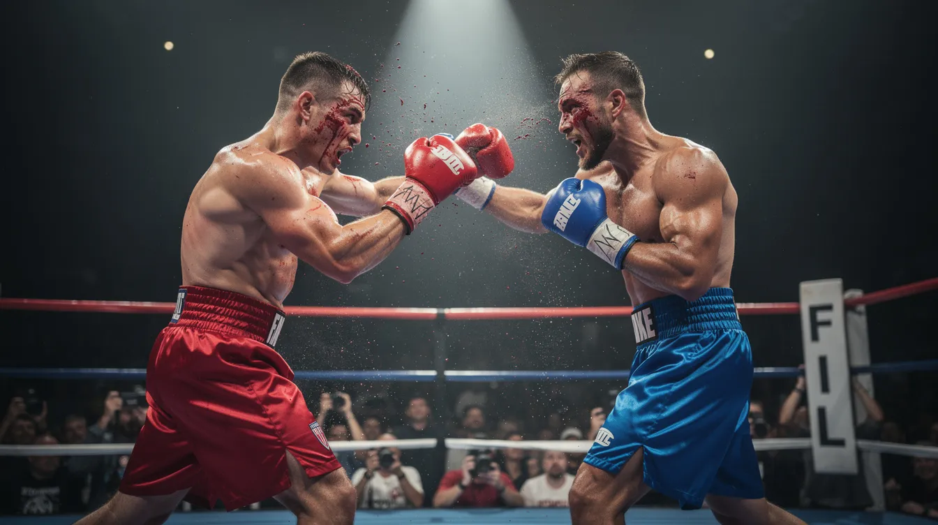 Zwei Boxer stehen sich in einem beleuchteten Ring gegenüber, beide mit blutverschmierten Gesichtern und Schweiß, der durch die Luft fliegt. Der Boxer in roten Shorts kämpft gegen seinen Gegner in blauen Shorts, was an die dramatischen Fight Scenes aus "Rocky IV" erinnert.